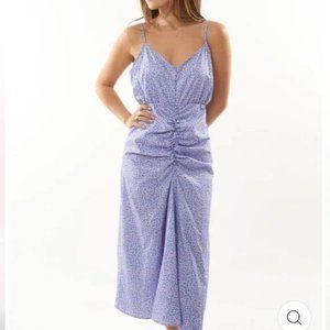 Zara midi dress ruched front spaghetti shoulder straps purple floral print